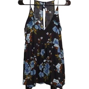 American Eagle Cold Shoulder Long Sleeve Black Blue  Floral Blouse Size Medium